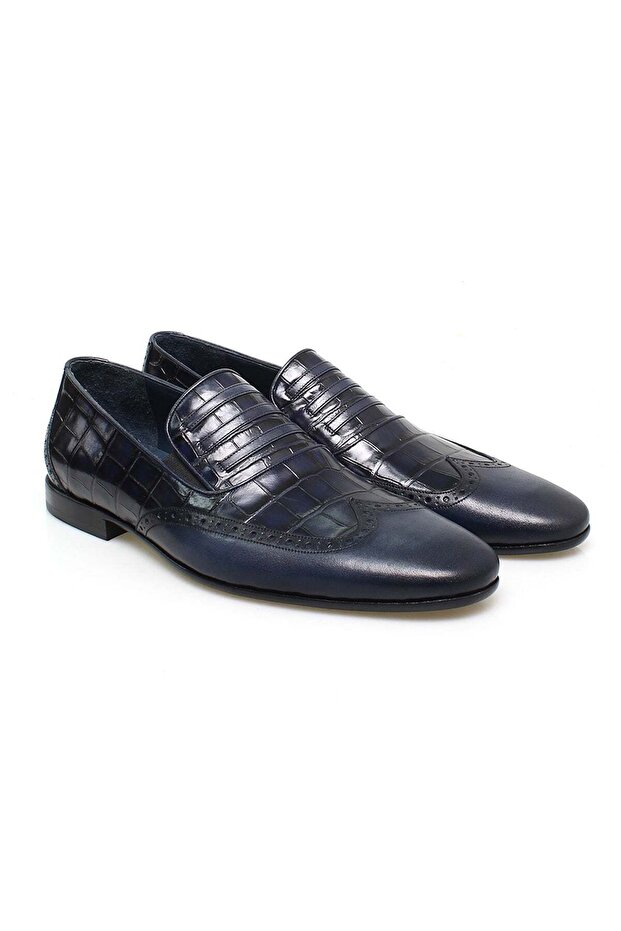 Dark Blue Color Laceless Genuine Leather Men's Shoes