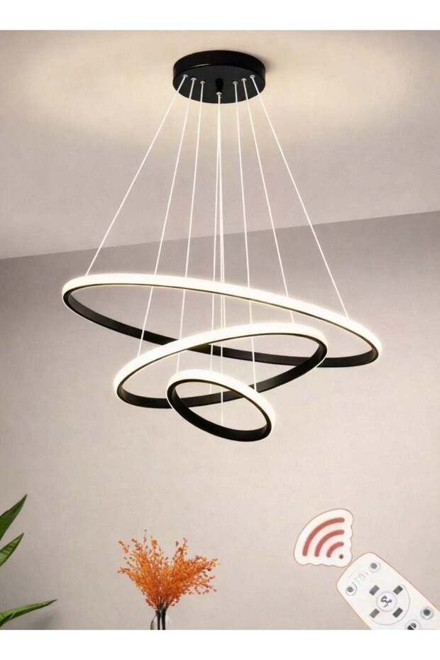 AL THURAYAT Modern 60cm LED Chandelier – 3 Light Colors with Remote Control – Elegant Black Ring