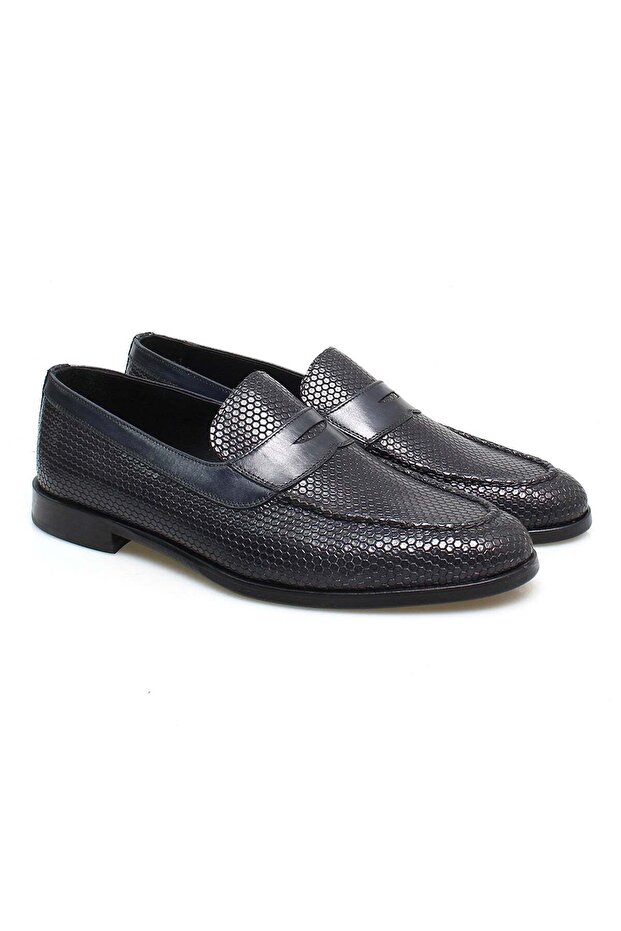 Dark Blue Color Laceless Genuine Leather Men's Shoes