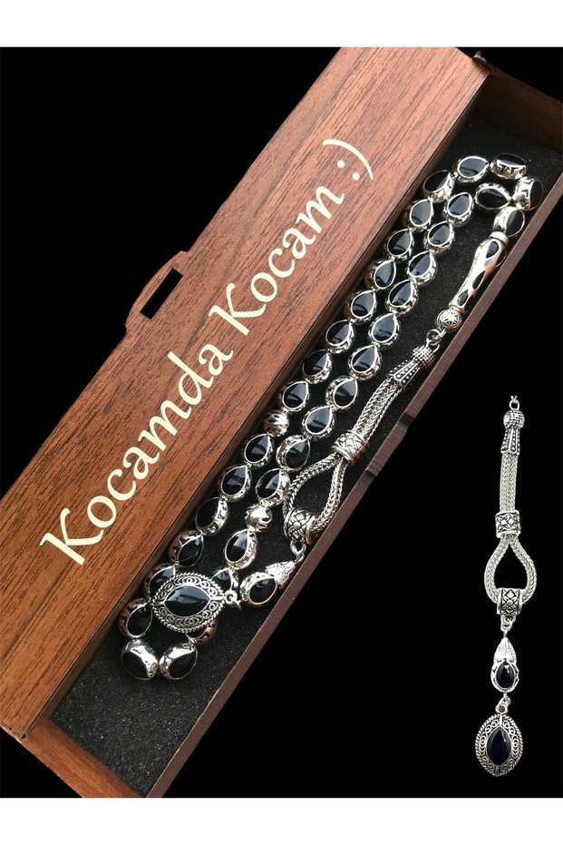 Black Enamel-Embellished Metal Prayer Beads with Tassel and Cross, Prayer Beads with Wooden Box