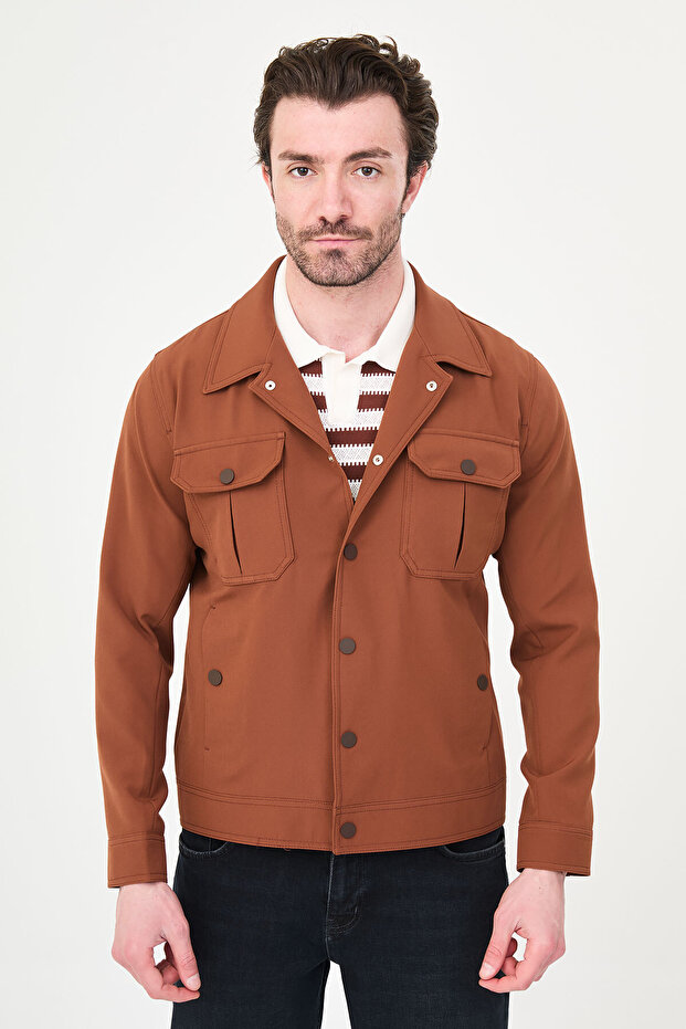 Straight Slim Fit Shirt with Collar Buttons Men's Coat Tile - 39669.26Y