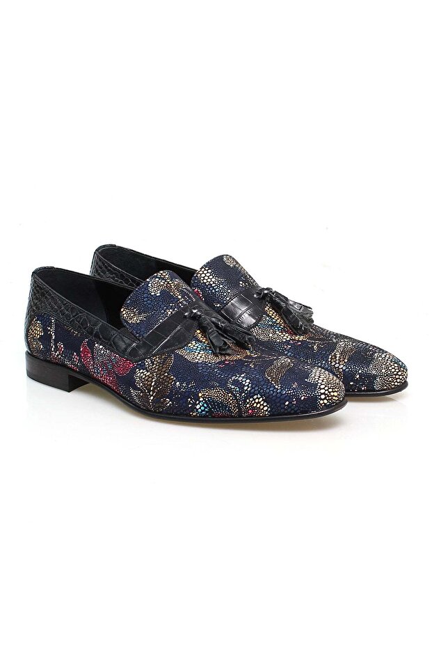 Dark Blue Color Flower Patterned Genuine Leather Leather Sole Men's Shoes