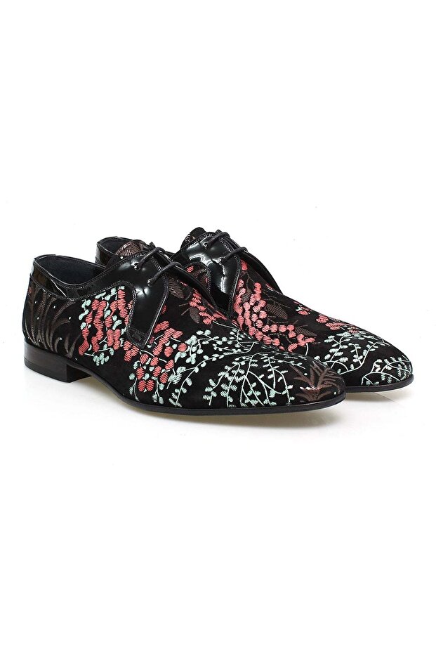 Black Color Laceless Genuine Leather Leather Sole Flower Patterned Men's Shoes
