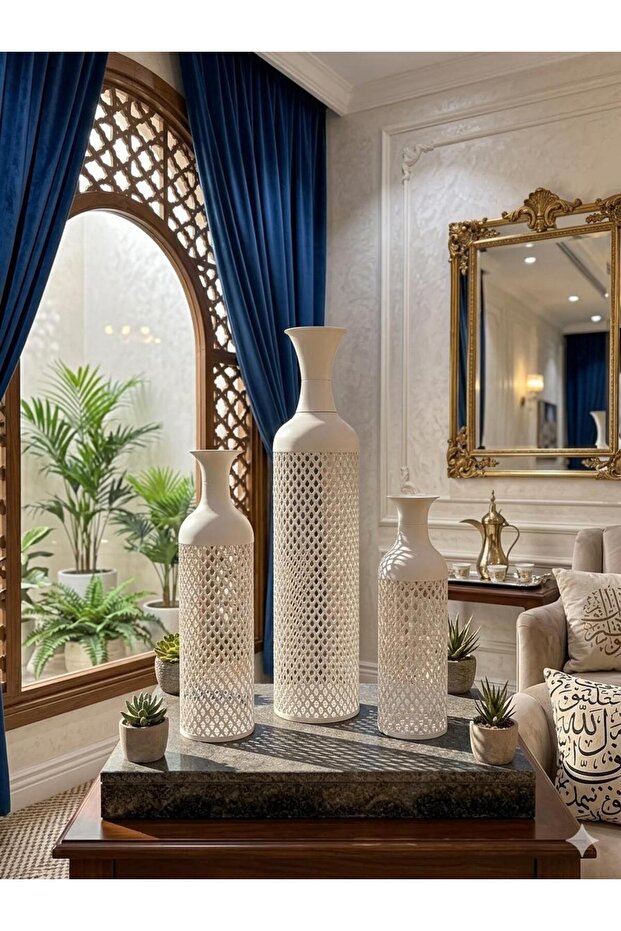 طقم مزهريات ( فازات ) عالية الجودة , حديد لون ابيض بنقشة أسطواني شبكي