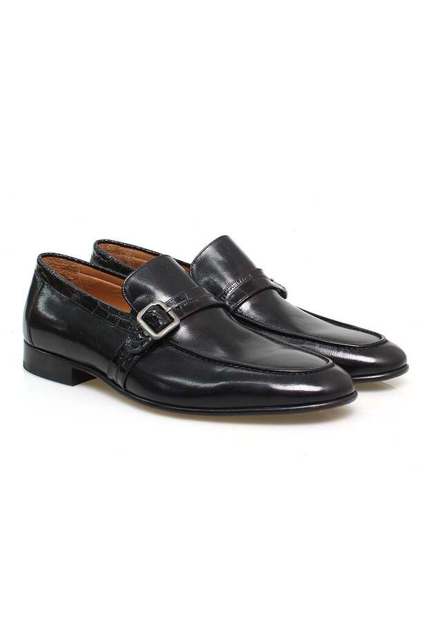 Black Color Laceless Genuine Leather Leather Sole Men's Shoes