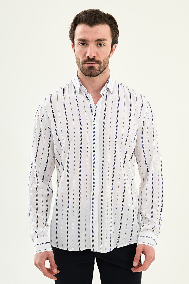Striped Slim Fit Long Sleeve Men's Shirt White-Navy Blue - 27130.26Y