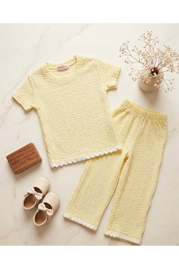 Girls' Buble Fabric Summer Short Sleeve 2-Piece Set