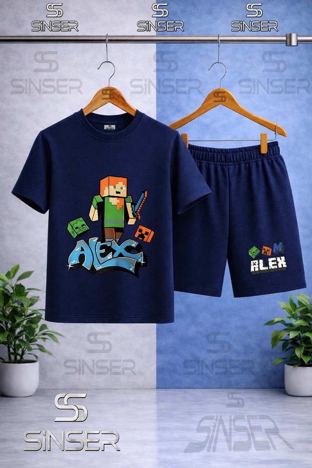 Children's New Alex Original Special Printed Crew Neck T-Shirt - Shorts Set