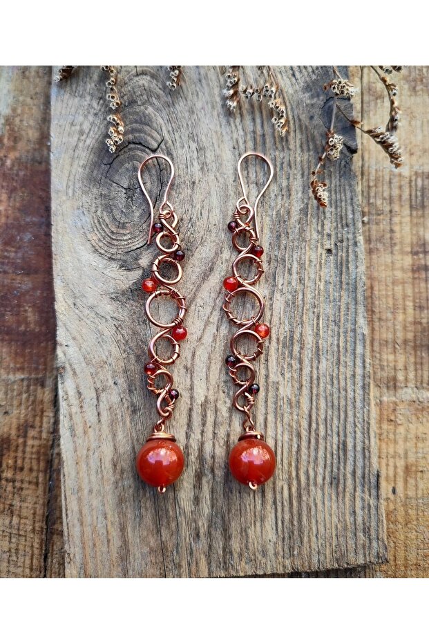 Handmade copper wire wrap earrings with agate stone - 1