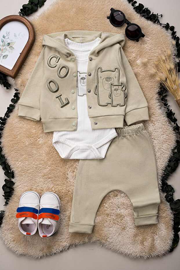 1029 Embroidered 100% Cotton Baby Boy 3-Piece Set 3-6-9 Months Compact Combed Cotton