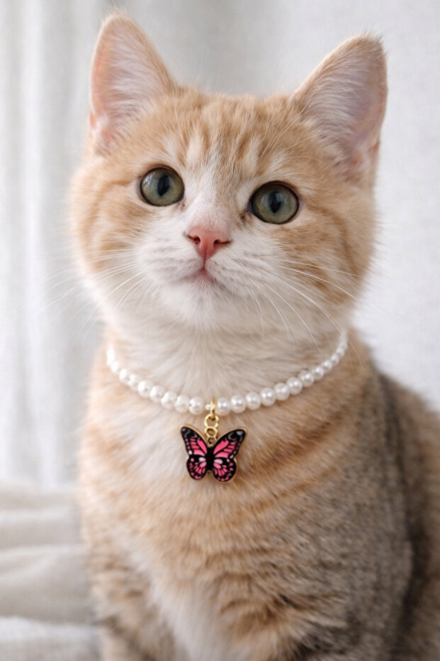 Pink Butterfly Pearl Design Cat Necklace