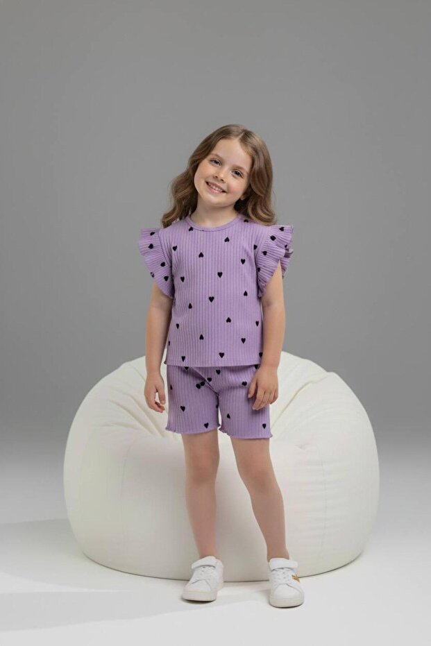 Girl's Heart Patterned Ruffle Gathered Sleeves Ribbed Stretch Shorts Set