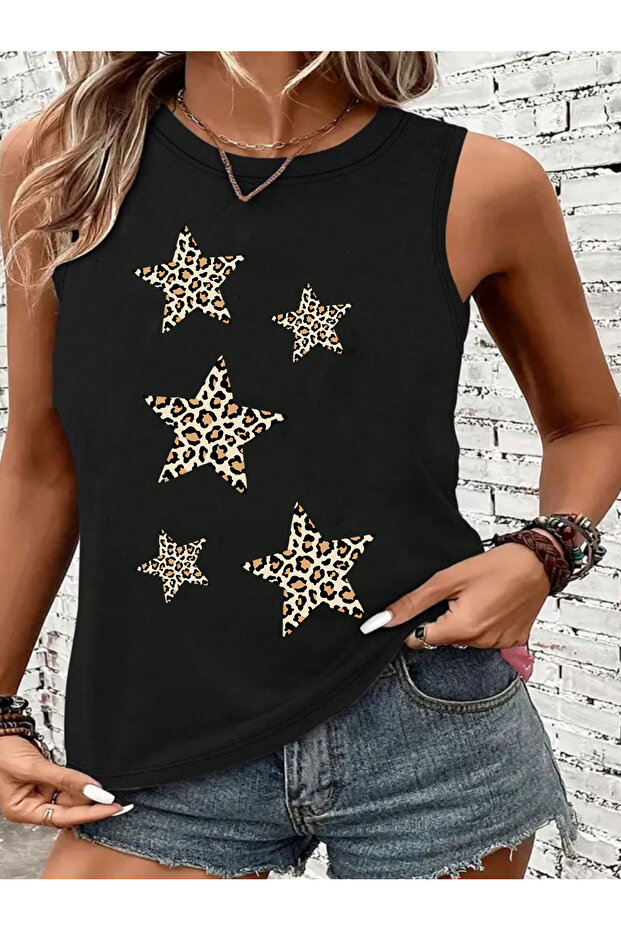 Trend Mix Printed Sleeveless Athlete Regular Women's Black Tshirt