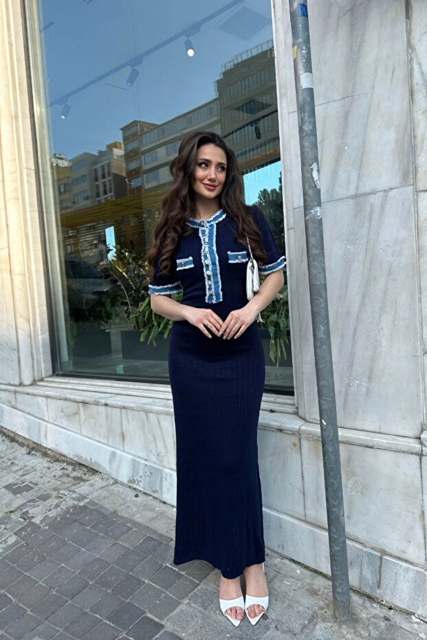 Women's Navy Blue Jean Detailed Buttoned Long Elegant Dress (S/M)