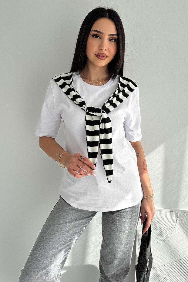 Women's White T-Shirt – Stylish Basic T-Shirt with Scarf Detail