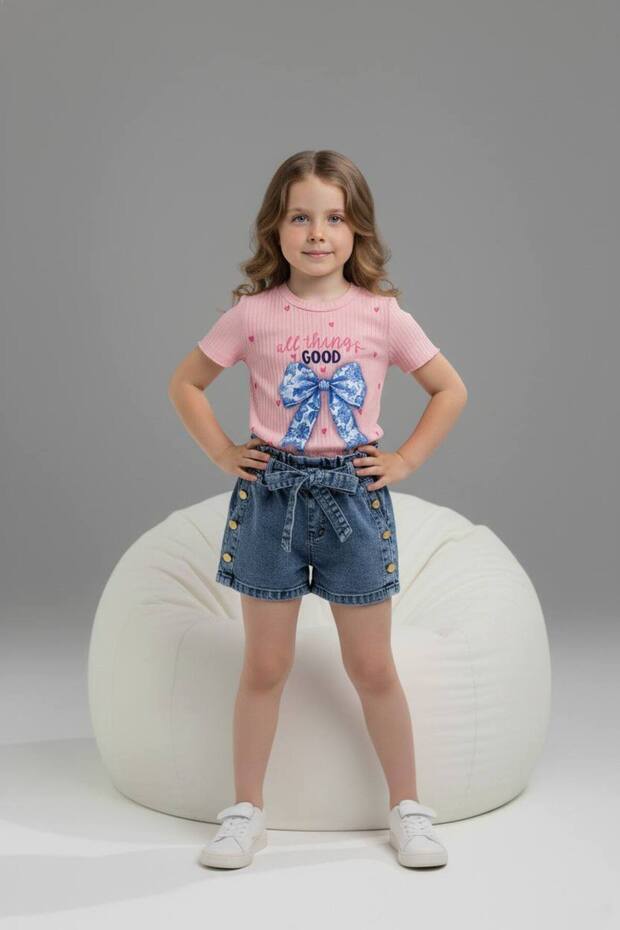 Ecru Crew Neck Printed Corduroy T-Shirt and Denim Skirt 2-Piece