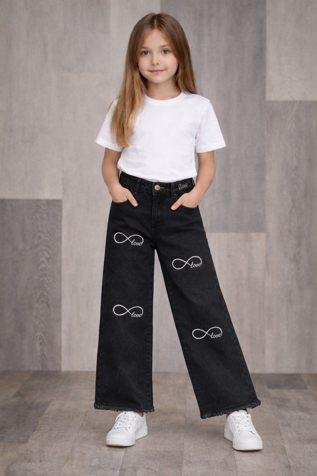 26904-26 Girl's Denim Trousers with Love Embroidery Detail, Straight Leg, Comfortable Fit, Casual Jeans