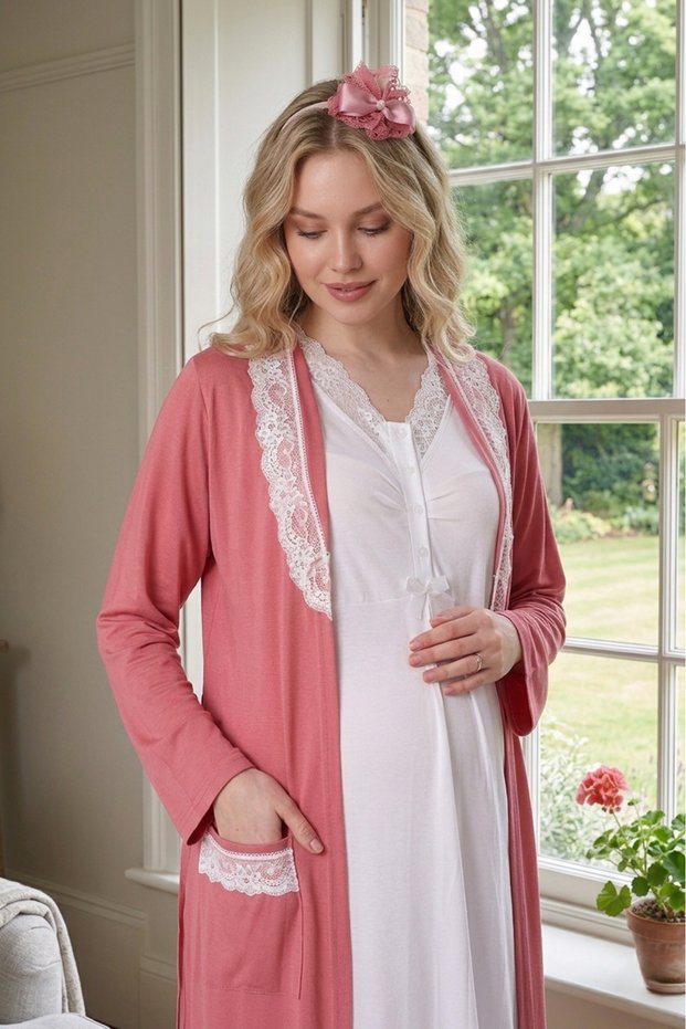 New Season Pomegranate Flower Maternity Full Length Summer Stylish Lace Design Buttoned Dressing Gown Nightgown Set