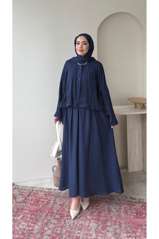 Women's Pleated Detailed Jacquard Modal Skirt Set - Navy Blue
