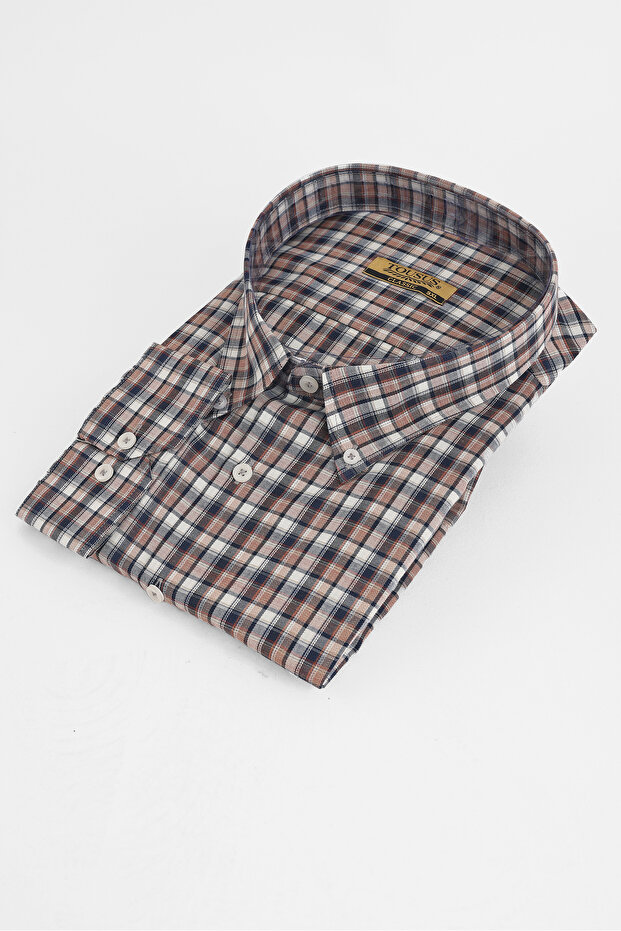 Large Size Brown Plaid Cotton Men's Shirt (Btl-7123-Tss)