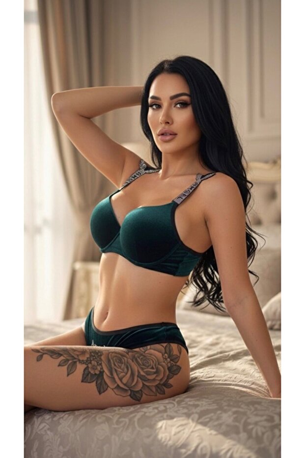 Green Velvet Push up Bra Set - Padded Supported with Stone Details