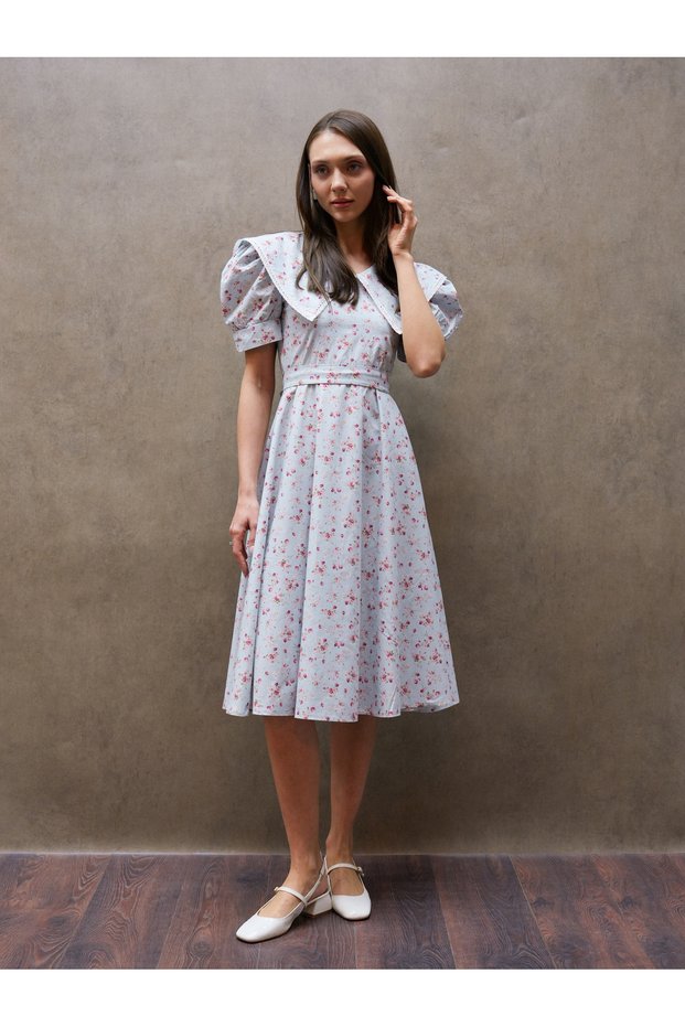 Vintage Blue-Burgundy Floral Big-Collar Flared Dress