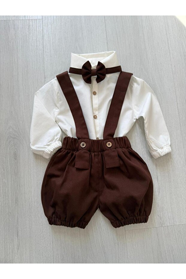 ykr design Kahverengi Erkek Bebek Şort Salopet Takım