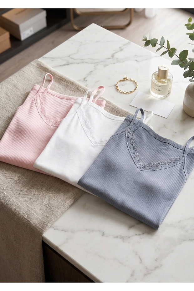 Women's 3-Pack 95% Cotton Ribbed Tank Top Set - Lace Detailed, Breathable & Soft Texture