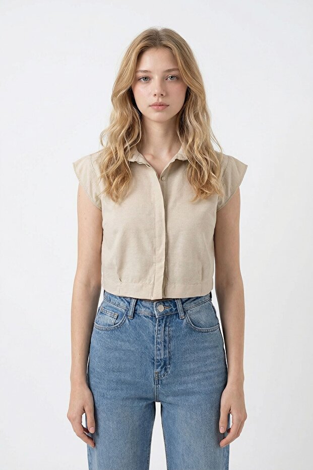 Women's Beige Sleeveless Summer Poplin Woven Shirt