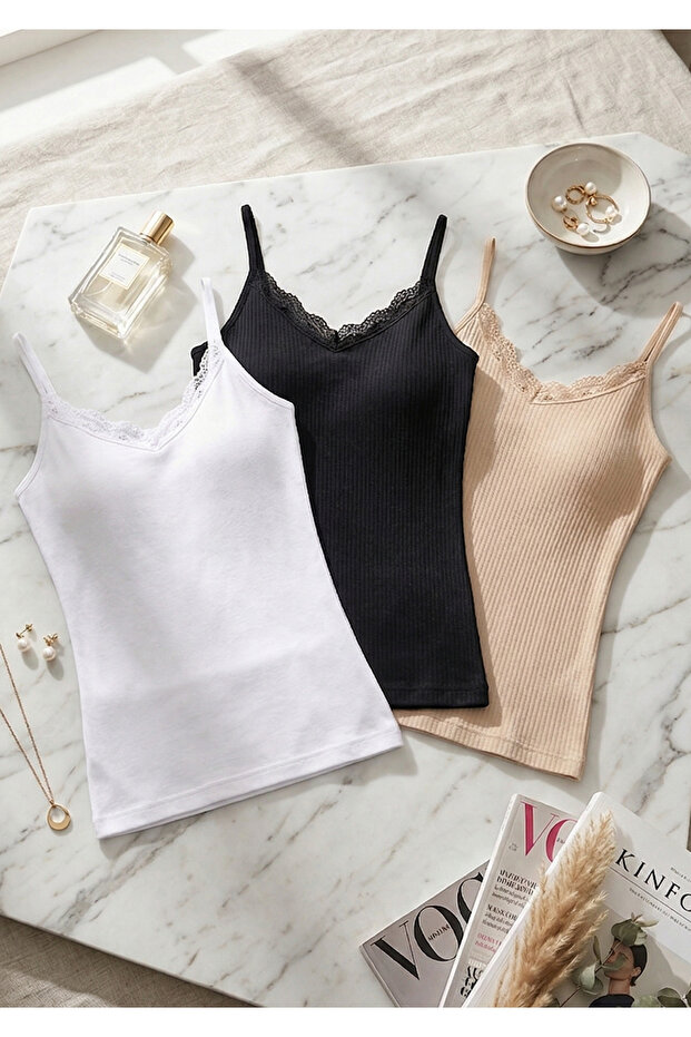 Women's 3-Pack 95% Cotton Ribbed Tank Top Set - Lace Detailed, Breathable & Soft Texture