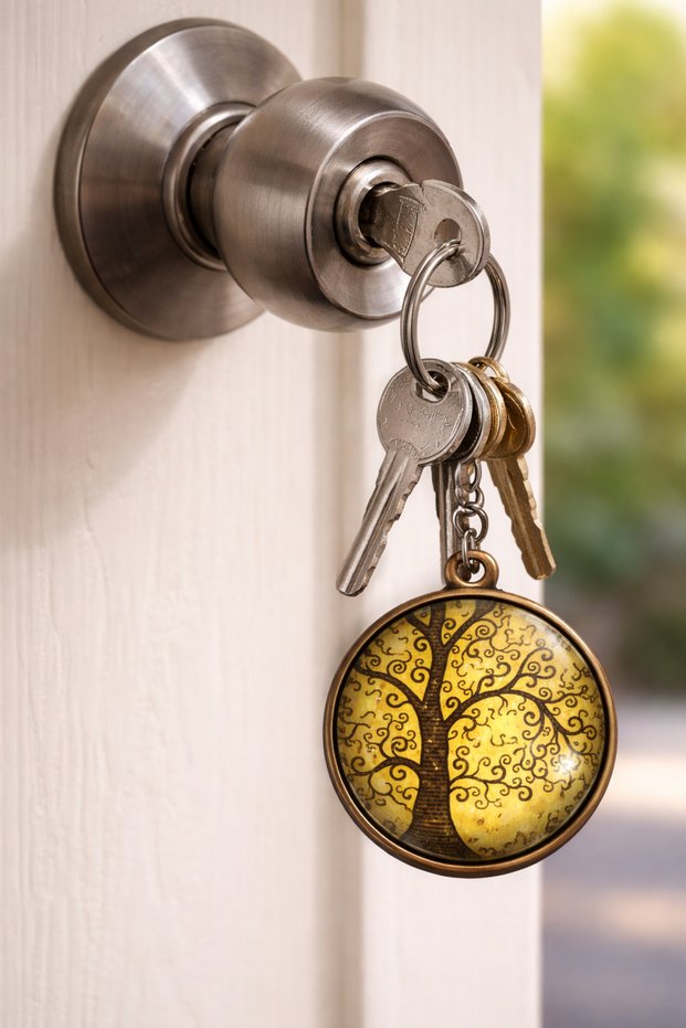 Tree of Life Patterned Metal Keychain Yellow Vintage Design Unisex