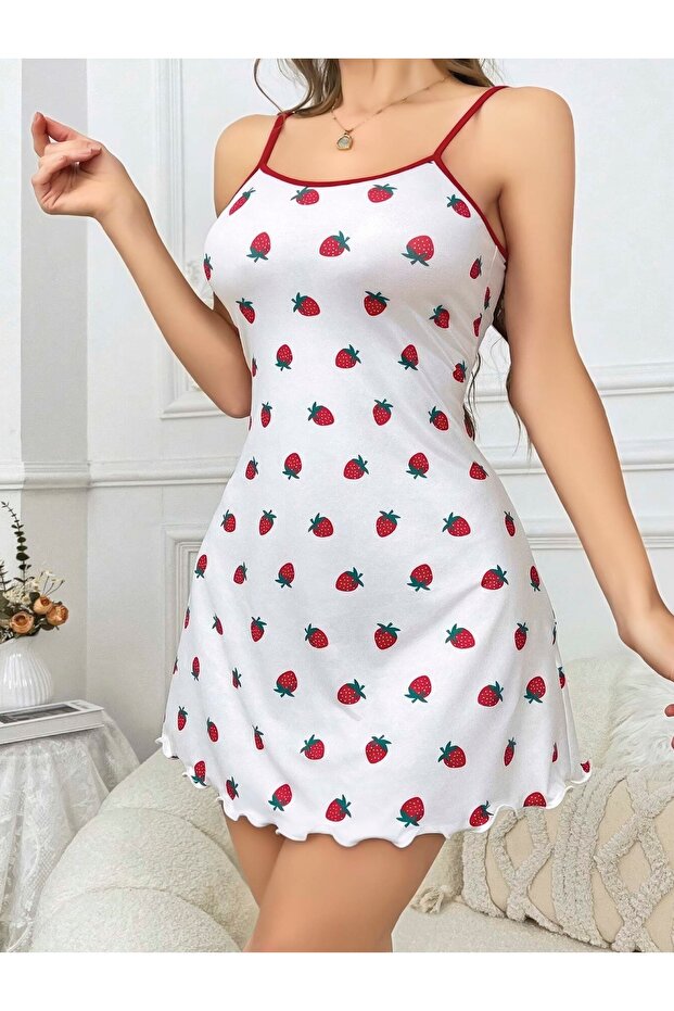 Thin Straps Strawberry Patterned Short Nightgown