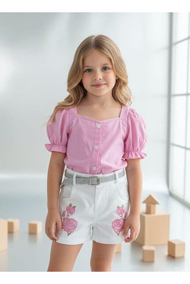 Floral Embroidered Belted Shorts Girls' 3-Piece Set - Age 2/10 - 31308