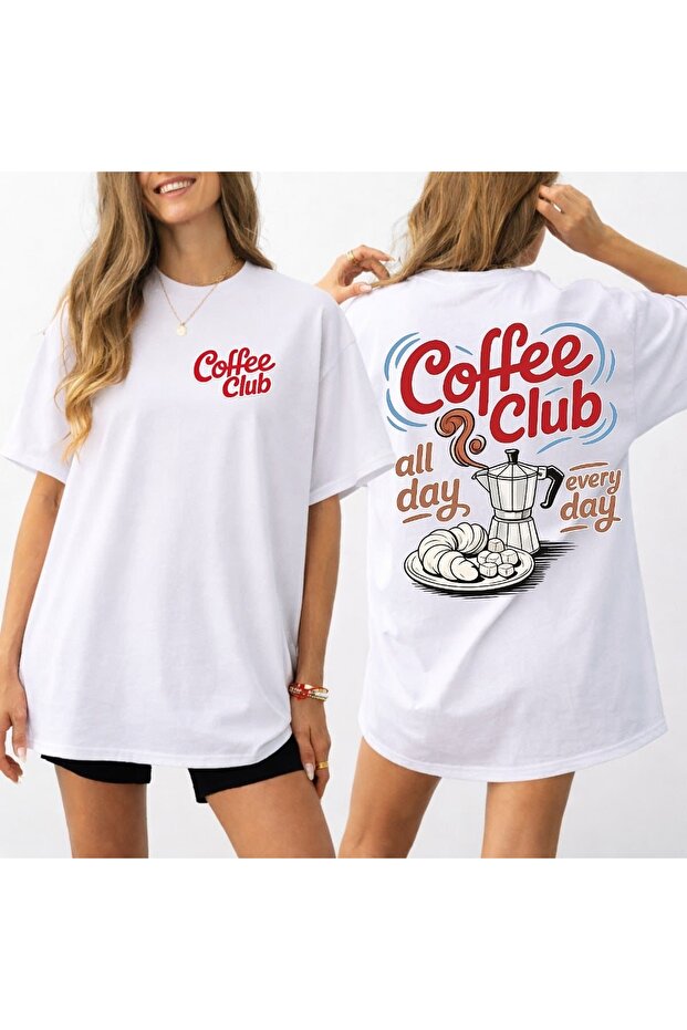تي شيرت قطني كبير الحجم مطبوع عليه Coffee Club