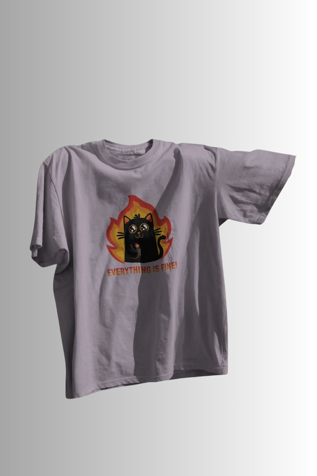 "Everything Is Fine" Ironical Cat Printed Unisex Oversize 24/1 100% Cotton T-Shirt