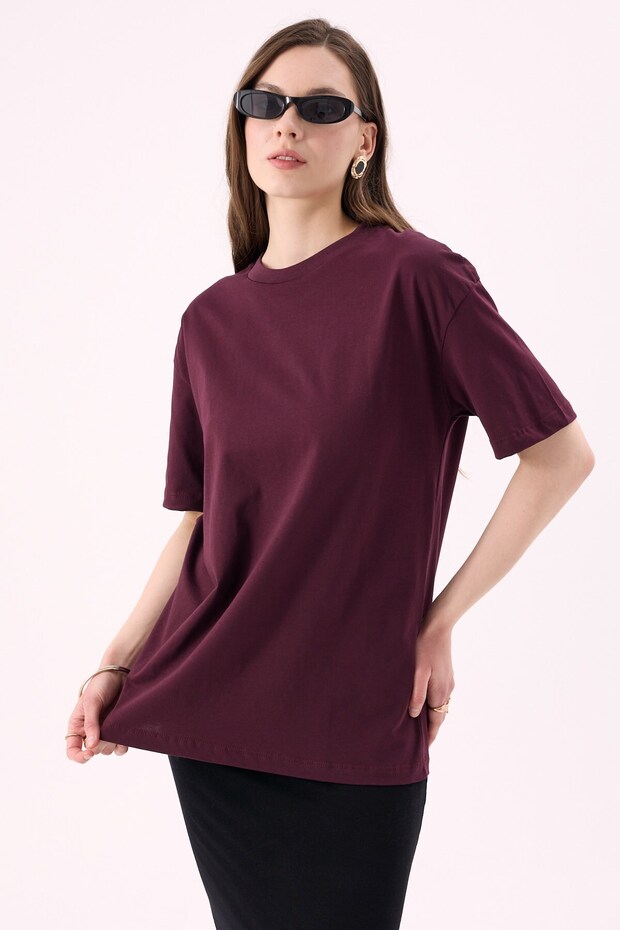 Crep Women's Basic Crew Neck Oversize T-Shirt Plum – 100% Organic Cotton