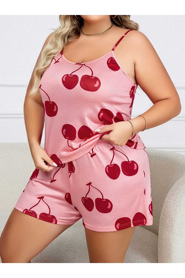 Plus Size Cherry Pattern Thin Strap Shorts Pajama Set