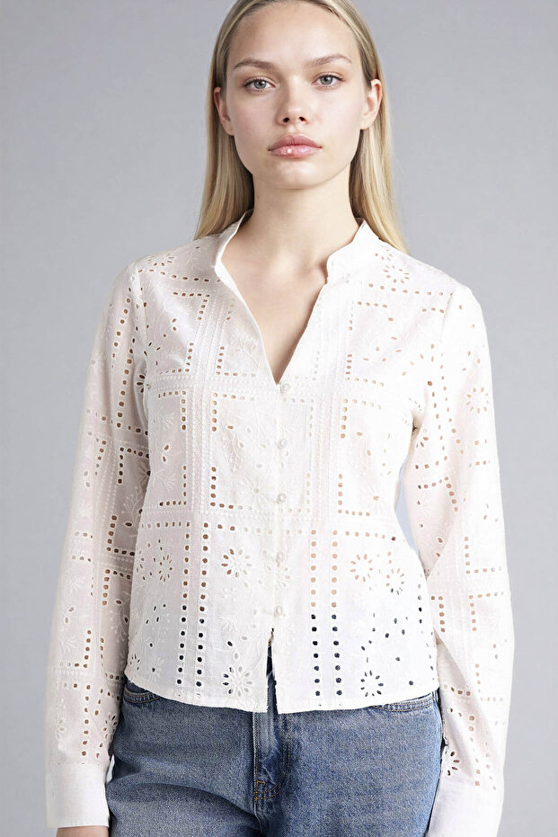 100% Cotton Regular Fit Loose Collar Embroidered Long Sleeve Shirt G0066Ax26Sp