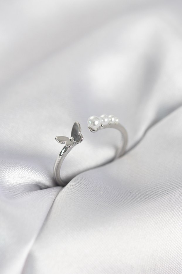 Stylish Pearl Butterfly Model Silver Color Brass Women's Ring Teachers Mothers Valentine's Day Gift