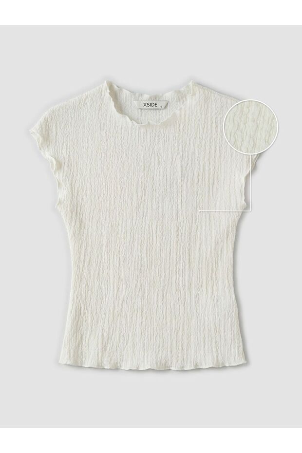 Crew Neck Ruffled Textured Blouse