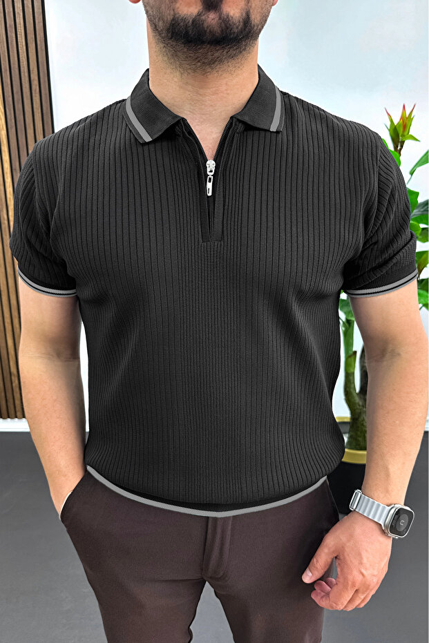 Men's Polo Neck Striped T-Shirt Black Edw472