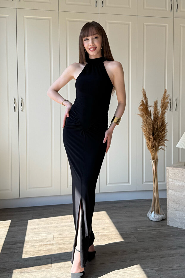 Halter Neck Drape Detailed Slit Maxi Black Dress