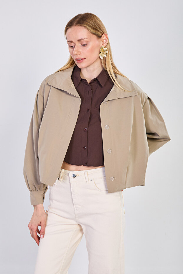 Women's Polo Collar Zipper Jacket - Khaki