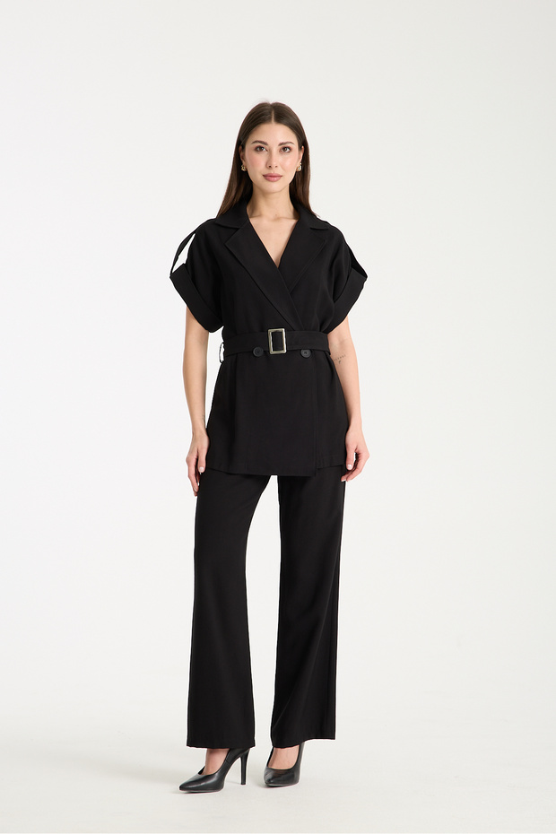 Women's Belt Detailed Double-Breasted Collar Suit