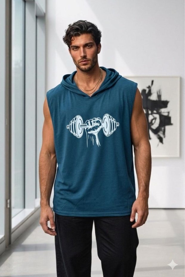 Men's Petrol Blue Sleeveless Hooded Wide Fit Dumbbell Printed Sports Athlete Tank Top