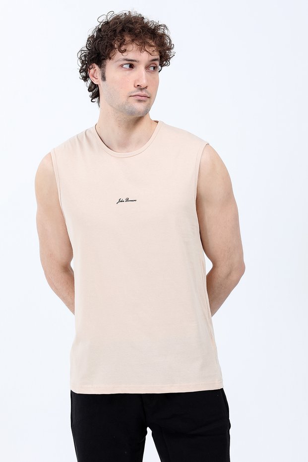 Men's Crew Neck Printed 100% Cotton Sleeveless T-Shirt Beige - 26Y 2752