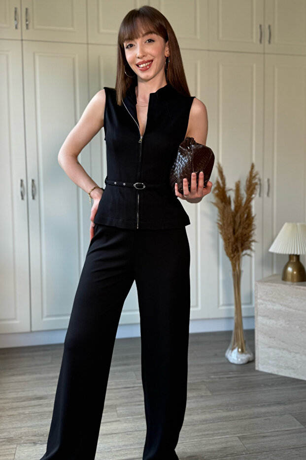 Zippered Belt Detailed Trousers Blouse Black Set