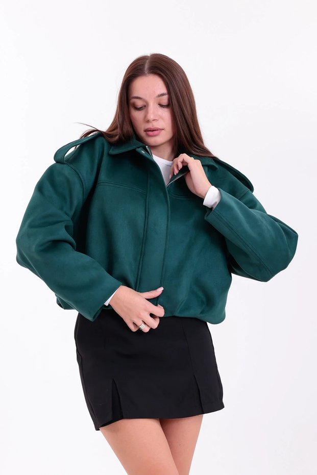 Women's Suede Oversize Zippered Bomber Jacket with Shoulder Detail