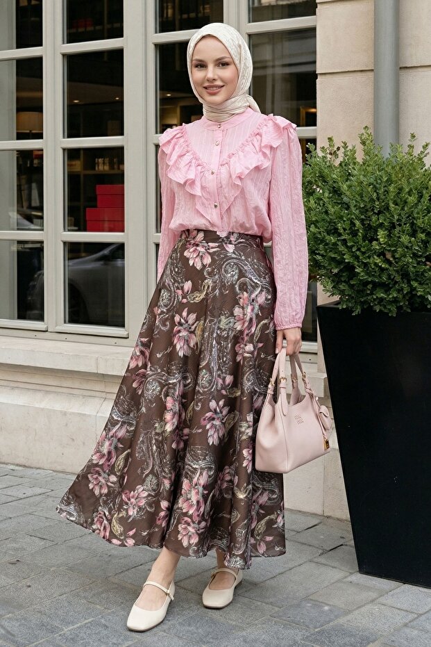 Paisley Pattern Chiffon Satin Skirt Brown