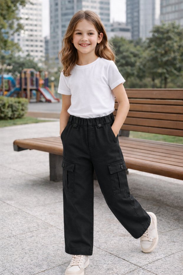 38504-26 Girls' Linen Trousers with Cargo Pocket Detail, Elastic Waist, Comfortable Fit, Casual Trousers